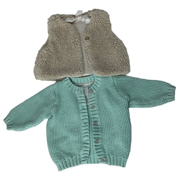 Carter’s Girls 9M 2 Piece Sweater H&M Sherpa Fleece Vest Set Baby Winter Outfit - Picture 4 of 16